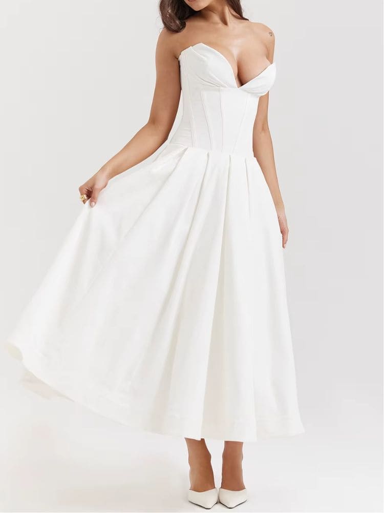 Vestido midi branco social tomara que caia moderno Moda Origem