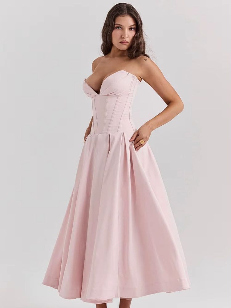 Vestido midi tomara que caia rosa ideal para formatura Moda Origem