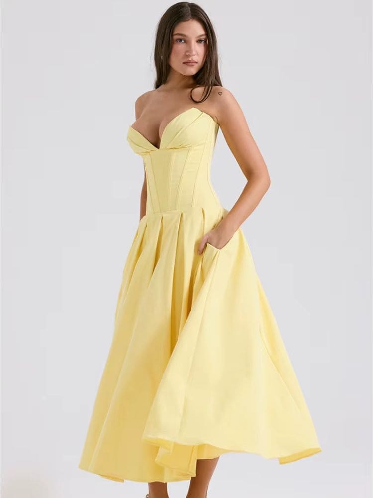 Vestido midi tomara que caia de luxo amarelo para festa Moda Origem