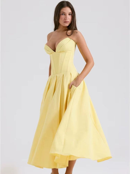 Vestido midi tomara que caia de luxo amarelo para festa Moda Origem
