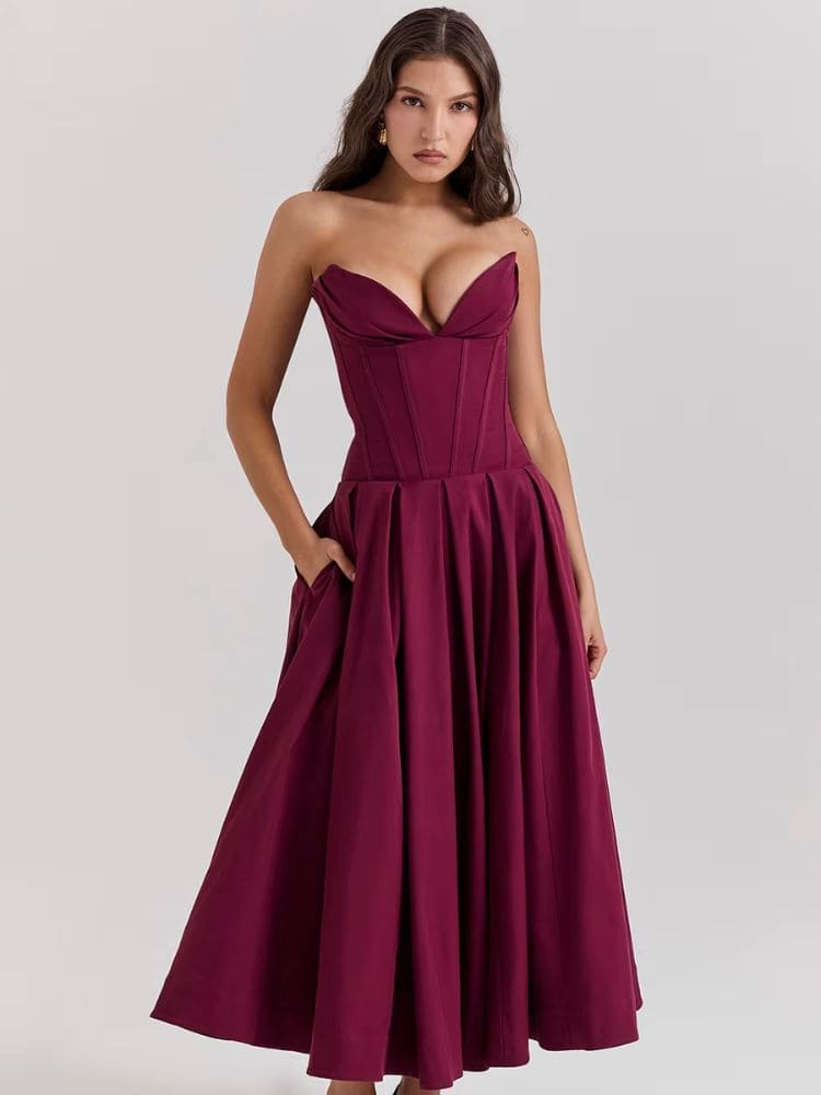 Vestido midi marsala elegante tomara que caia Moda Origem