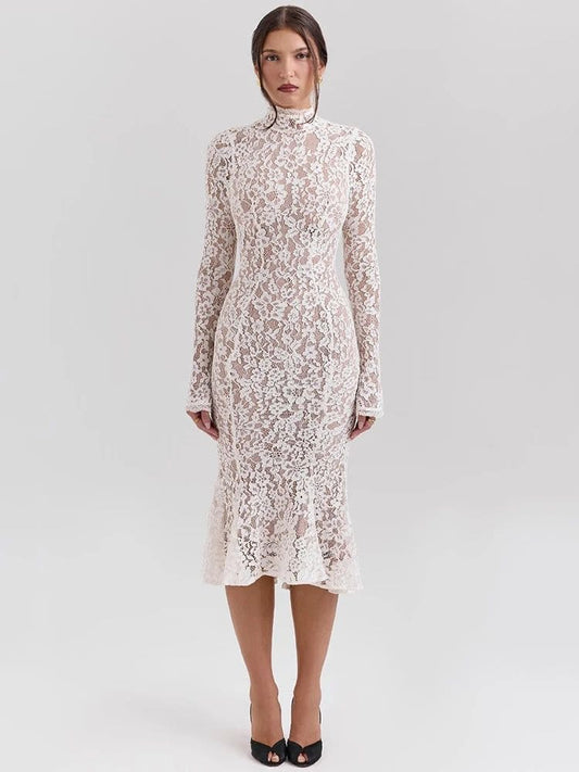 Vestido midi de renda branco com gola alta, vista frontal – Moda Origem