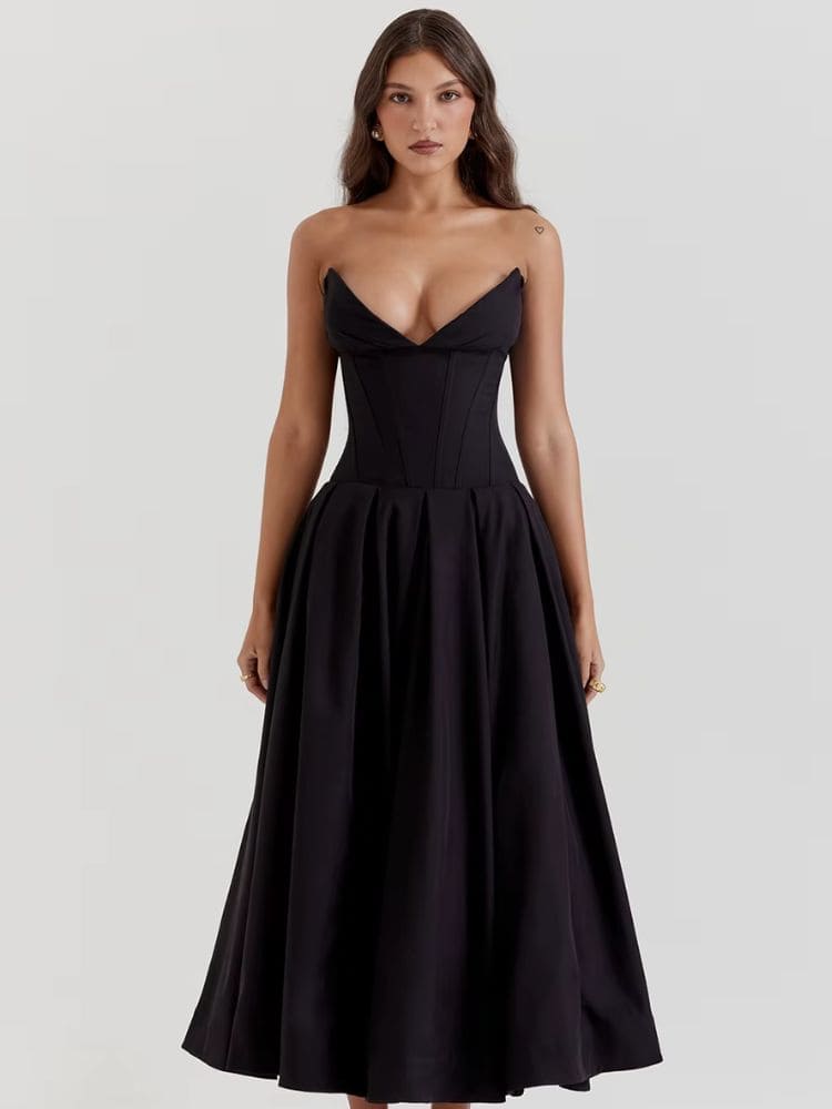 Vestido midi clássico tomara que caia para eventos Moda Origem