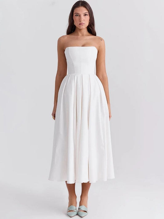 Vestido Midi com saia plissada, ideal para jantares e eventos especiais - Moda Origem