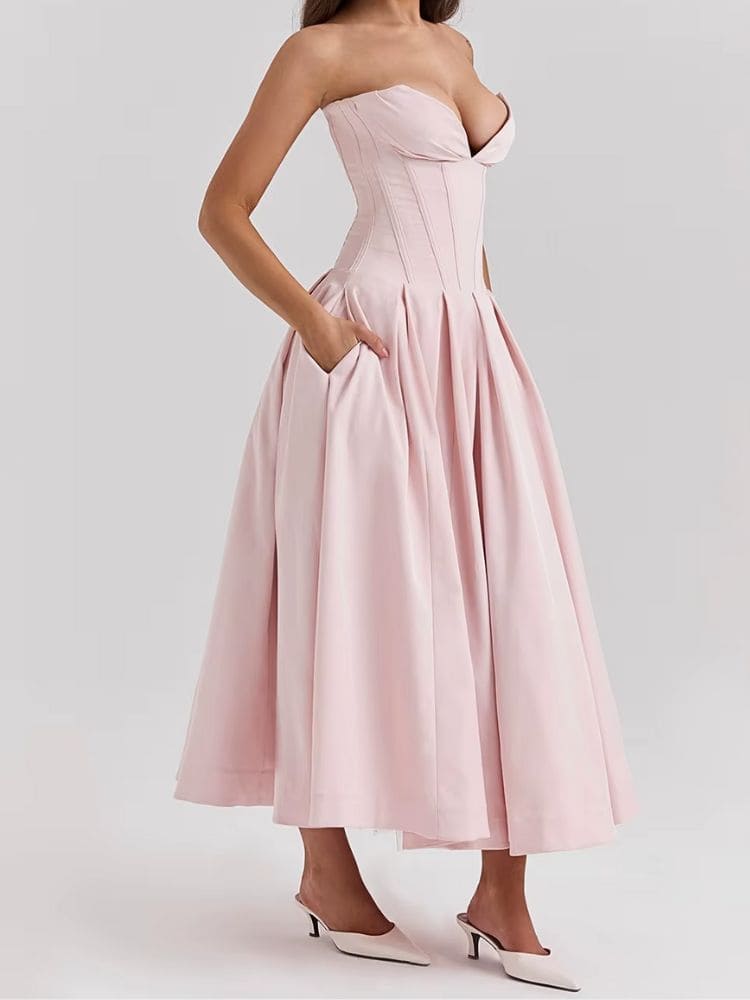 Vestido midi tomara que caia estilo longo elegante Moda Origem