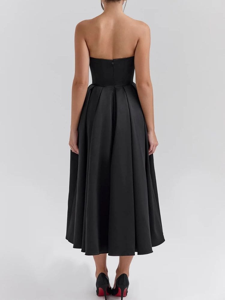 Vestido midi tomara que caia elegante com fechamento discreto nas costas - Moda Origem 