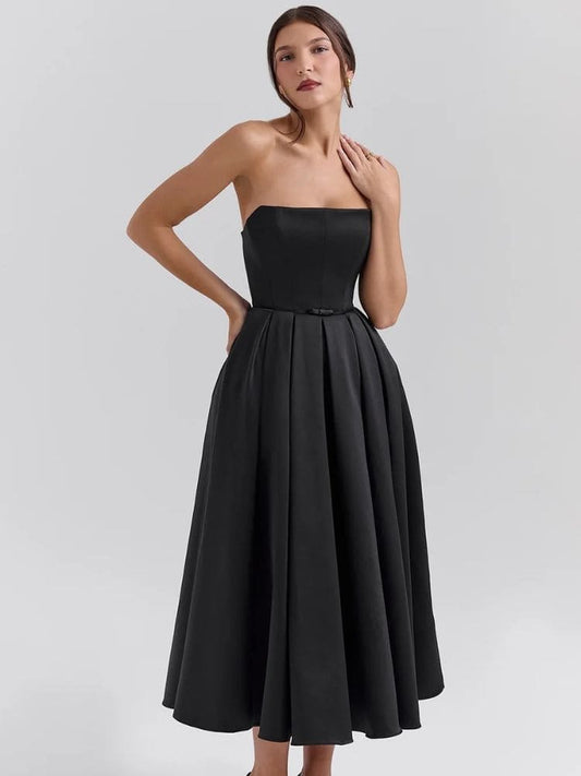 Decote reto tomara que caia do vestido midi elegante para festas - Moda Origem