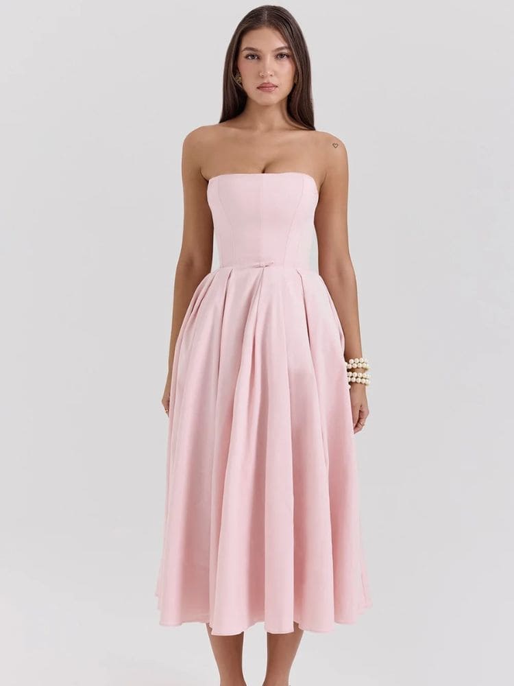 Vestido midi tomara que caia modelador com laço na cintura visto de frente - Moda Origem 