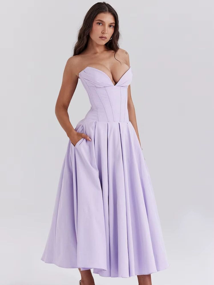Vestido midi tomara que caia leve e elegante Moda Origem