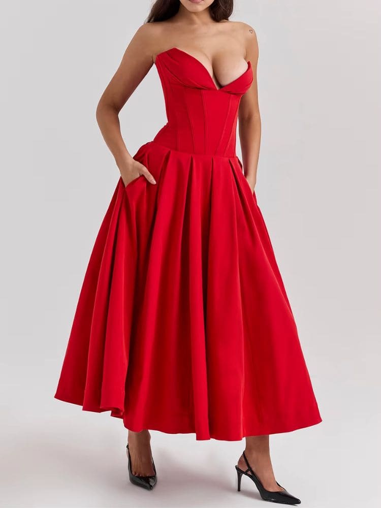 Vestido midi elegante tomara que caia para ocasiões especiais Moda Origem