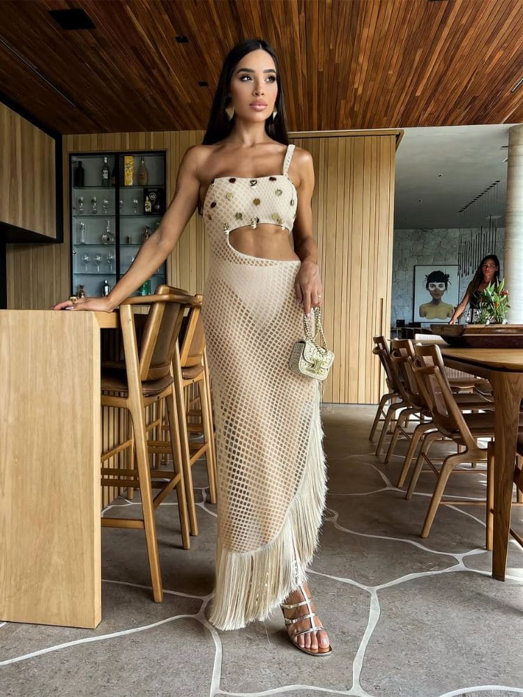 Vestido praia crochê bege pastel Verão 2026 Moda Origem